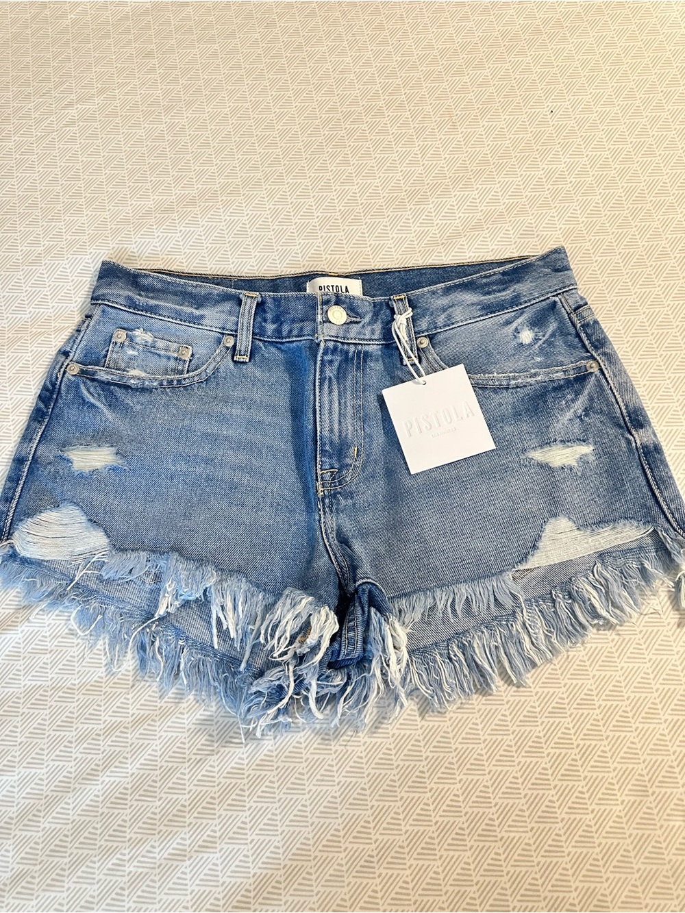 pistola medium blue distressed denim frayed hem shorts